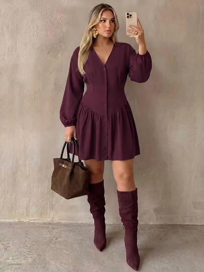 Auralis Spring/Autumn V-Neck Purple-Red Plus Size Cinched Waist Shirt-Style A-Line Flared Mini Dress/Button-Decorated Plus Size Retro Back-To-School Mini Dress