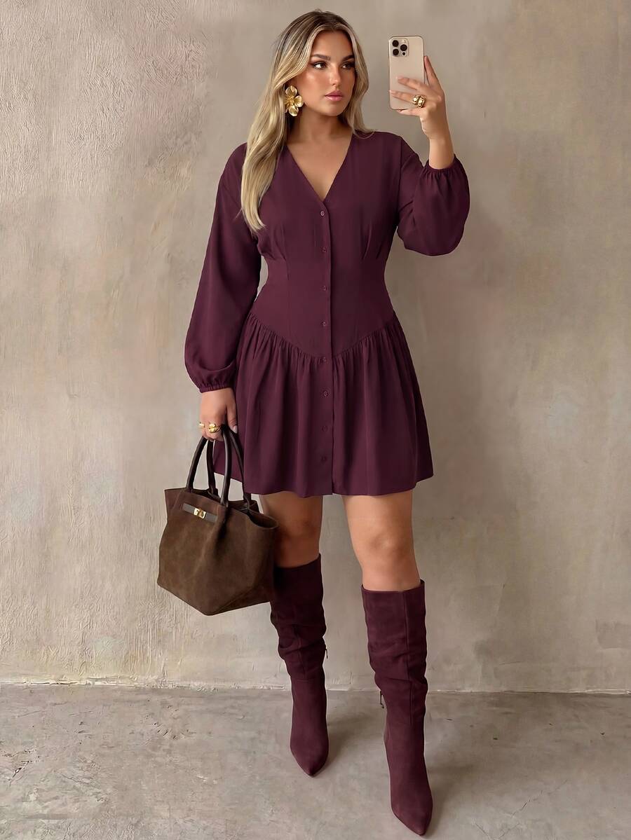 Auralis Spring/Autumn V-Neck Purple-Red Plus Size Cinched Waist Shirt-Style A-Line Flared Mini Dress/Button-Decorated Plus Size Retro Back-To-School Mini Dress - Red Violet - View 1