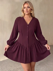 Auralis Spring/Autumn V-Neck Purple-Red Plus Size Cinched Waist Shirt-Style A-Line Flared Mini Dress/Button-Decorated Plus Size Retro Back-To-School Mini Dress - Red Violet - View 6