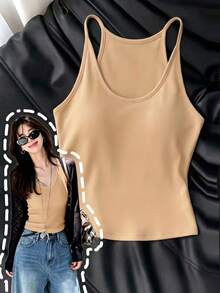 Resyla Women's Solid Color Versatile Casual Tank Top, Minimalist Daily Wear - Khaki - View 4