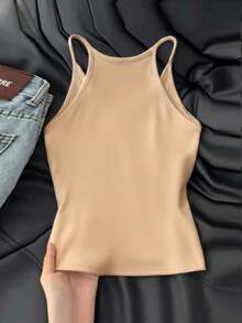 Resyla Women's Solid Color Versatile Casual Tank Top, Minimalist Daily Wear - Khaki - View 2