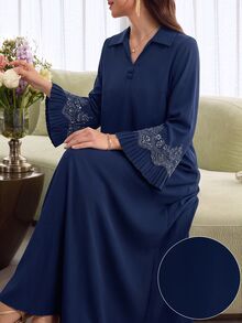 Mulvari Women's V-Neck Button Decor Rhinestone Trim Patchwork Pleated Petal Sleeve Full Skirt Arabic Style Dress Royal Blue Fall/Winter Sequin - Navy Blue - View 2