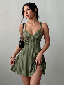 SHEIN Raffinéa Women's V-Neck Knitted Ruched Waist A-Line Sexy Elegant Spaghetti Strap Short Dress Vacation Green And White Striped Summer Brunch Vacation - Army Green - View 7