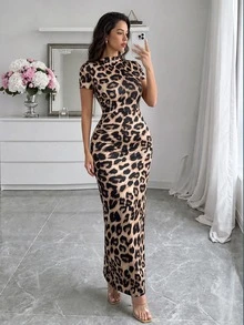 Rafferiza Women's Leopard Print Ruched Waist Bodycon Maxi Dress,Black Animal Print Long Dresses For Winter Vacation Beach Date Spring/Summer - Brown - View 1