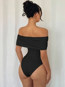Rafferiza Women's Elegant Off Shoulder Ruched Hem Bodysuit, Slim Fit, Summer - Black - View 5