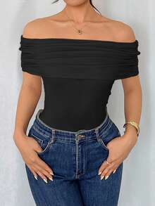 Rafferiza Women's Elegant Off Shoulder Ruched Hem Bodysuit, Slim Fit, Summer - Black - View 10