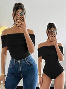 Rafferiza Women's Elegant Off Shoulder Ruched Hem Bodysuit, Slim Fit, Summer - Black - View 4