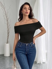 Rafferiza Women's Elegant Off Shoulder Ruched Hem Bodysuit, Slim Fit, Summer - Black - View 1