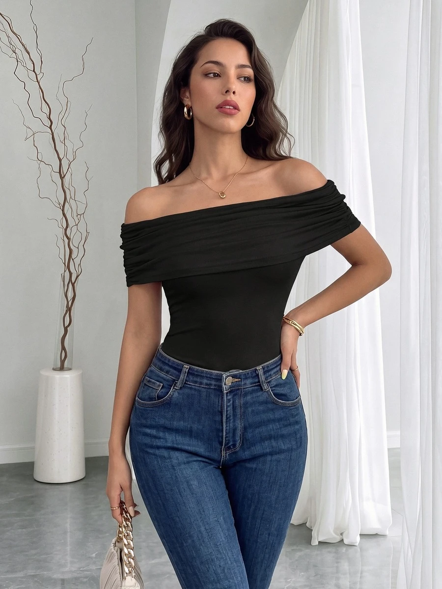 Rafferiza Women's Elegant Off Shoulder Ruched Hem Bodysuit, Slim Fit, Summer - Black - View 1