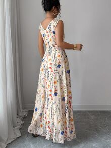 Rafferiza 女式优雅花卉网眼圆领褶皱腰收腰 A 字形无袖连衣裙 - 杏色 - 查看 3