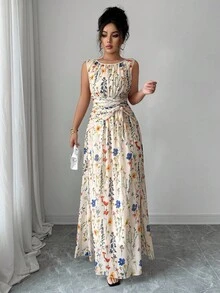Rafferiza 女式优雅花卉网眼圆领褶皱腰收腰 A 字形无袖连衣裙 - 杏色 - 查看 7