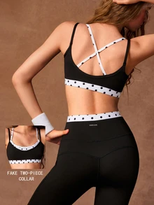 VARSIVA Women's Patchwork Polka Dot Print Bra Top And Leggings Sports Set - Black and White - View 12