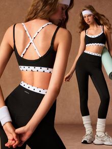 VARSIVA Women's Patchwork Polka Dot Print Bra Top And Leggings Sports Set - Black and White - View 11