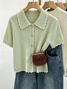 SHEIN Raffinéa Sage Green,Summer,Elegant,Date Women Ruffled Trim Short-Sleeved Cardigan Knit Top,Simple Vintage Style Loose-Fitting Short-Length Business Commuting - Mint Green - View 8