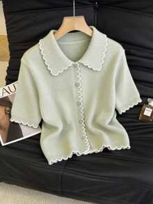 SHEIN Raffinéa Sage Green,Summer,Elegant,Date Women Ruffled Trim Short-Sleeved Cardigan Knit Top,Simple Vintage Style Loose-Fitting Short-Length Business Commuting - Mint Green - View 4