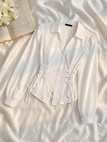SHEIN MOD Women's Solid Color Side Waist Tie Zipper Placket Casual Shirt - White - View 9