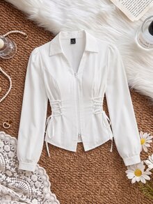 SHEIN MOD Women's Solid Color Side Waist Tie Zipper Placket Casual Shirt - White - View 2