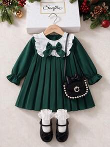 Souflis Souflis Toddler Girl Pleated Dress Sweet Elegant Dark Green Big Bow Ruffle Long Sleeve Round Neck Regular Winter Princess Birthday Girl Patchwork - Green - View 4