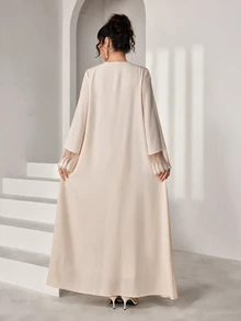 Yasmyna Elegant Modest Lace Cuff Design Women's Arabic Abaya Ninang Wedding Homewear - Apricot - View 3