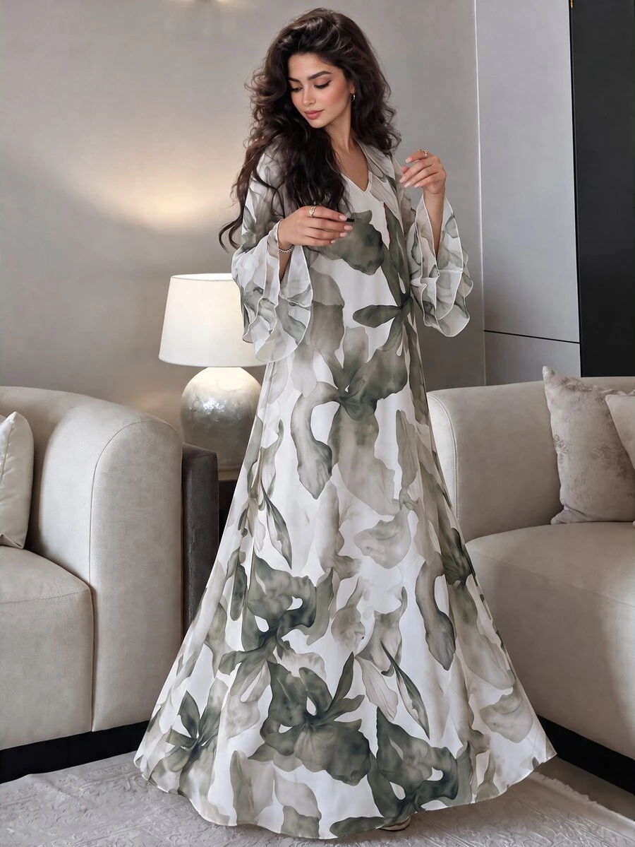 Yasmyna Women's Fashionable Ink Painting Design Versatile Long Sleeve Arabian Dress - Green - View 1