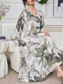 Yasmyna Women's Fashionable Ink Painting Design Versatile Long Sleeve Arabian Dress - Green - View 6