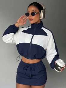 FavEase 2PCS Women's Autumn/Winter Sports Set, Colorblock Patchwork Full Zip Long Sleeve Jacket With Adjustable Hem Drawstring And A-Line Skirt With Side Slit And Adjustable Waist Drawstring, Suitable For Casual Wear, Running, Yoga, Gym, Tennis, Golf, Cycling - Multicolor - View 6