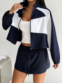 FavEase 2PCS Women's Autumn/Winter Sports Set, Colorblock Patchwork Full Zip Long Sleeve Jacket With Adjustable Hem Drawstring And A-Line Skirt With Side Slit And Adjustable Waist Drawstring, Suitable For Casual Wear, Running, Yoga, Gym, Tennis, Golf, Cycling - Multicolor - View 4
