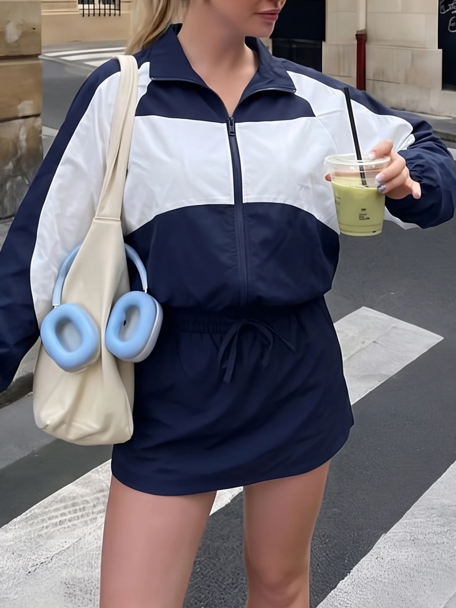 FavEase 2件組女款秋冬運動套裝,拼色拼接全開襟長袖夾克附可調式下擺抽繩,A字裙附側開衩與可調式腰部抽繩,適合休閒穿著、跑步、瑜珈、健身房、網球、高爾夫、騎單車 - 彩色 - 查看 1