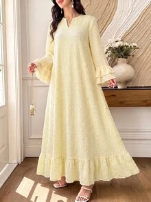Mulvari Al Najma Loose Fit V-Neck Long Sleeve Formal Modest Dress Ribbon Decor Christening Guest Yellow Party Confirmation Christmas Fall - Yellow - View 6