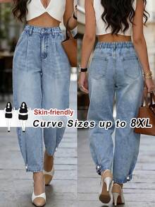 SHEIN CURVE+ Plus Size Fashion Versatile Casual Baggy Plus Size Button Pocket Denim Jeans Party Vacation Going Out Light Blue - Blue - View 2