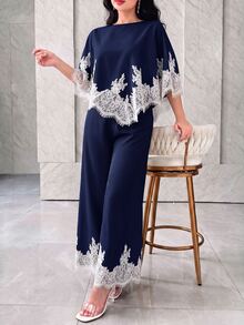 Modelyn Women's Lace Patchwork Top And Pants Casual Elegant Daily Outfit Dinner High Tea Summer - Navy Blue - View 5