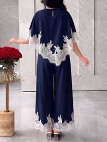 Modelyn Women's Lace Patchwork Top And Pants Casual Elegant Daily Outfit Dinner High Tea Summer - Navy Blue - View 2