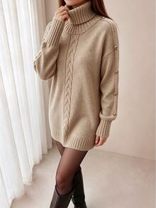 Trelyra Fall, Casual, Beige High Neck Sweater, Daily Wear, Holiday Wear, Commute Wear, Sweater Dress Brunch - Khaki - View 3