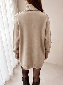 Trelyra Fall, Casual, Beige High Neck Sweater, Daily Wear, Holiday Wear, Commute Wear, Sweater Dress Brunch - Khaki - View 2