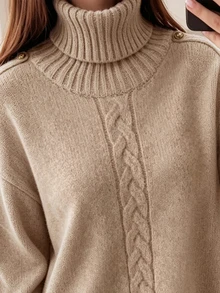 Trelyra Fall, Casual, Beige High Neck Sweater, Daily Wear, Holiday Wear, Commute Wear, Sweater Dress Brunch - Khaki - View 5