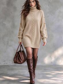 Trelyra Fall, Casual, Beige High Neck Sweater, Daily Wear, Holiday Wear, Commute Wear, Sweater Dress Brunch - Khaki - View 1