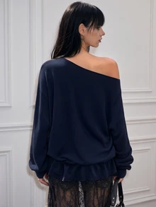 CHAOSSORY CHAOSSORY Women's Sexy Letter & Animal Print Asymmetric Shoulder Elastic Ruched Hem Lace Patchwork 3D Floral Bud Lazy Style Top - Blue - View 2