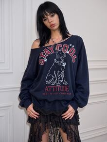 CHAOSSORY CHAOSSORY Women's Sexy Letter & Animal Print Asymmetric Shoulder Elastic Ruched Hem Lace Patchwork 3D Floral Bud Lazy Style Top - Blue - View 1