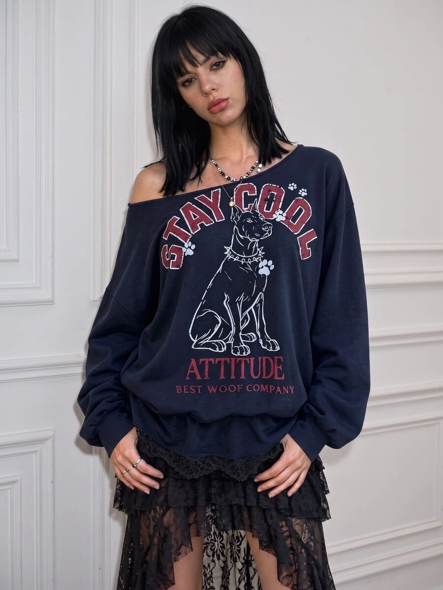 CHAOSSORY CHAOSSORY Women's Sexy Letter & Animal Print Asymmetric Shoulder Elastic Ruched Hem Lace Patchwork 3D Floral Bud Lazy Style Top - Blue - View 1