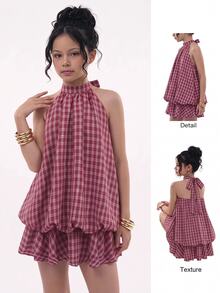 SHEIN Tween Girl Red Plaid Halter Tie Mini Dress For Daily, Holiday, Back To School - Red - View 1