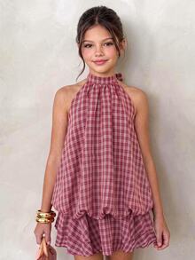 SHEIN Tween Girl Red Plaid Halter Tie Mini Dress For Daily, Holiday, Back To School - Red - View 7