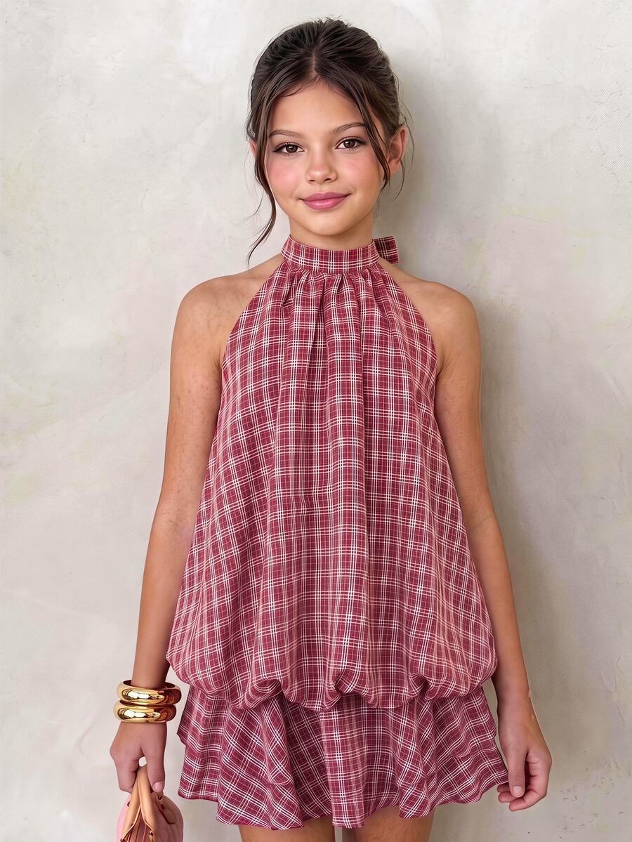 SHEIN Tween Girl Red Plaid Kids Halter Tie Mini Dress For Daily, Holiday, Back To School - Red - View 1