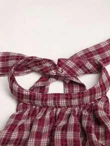 SHEIN Tween Girl Red Plaid Halter Tie Mini Dress For Daily, Holiday, Back To School - Red - View 5