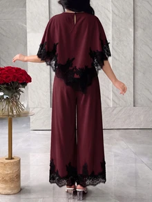 Modelyn Women's Lace Patchwork Top And Pants Casual Daily Outfit - Burgundy - View 2