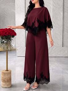Modelyn Women's Lace Patchwork Top And Pants Casual Daily Outfit - Burgundy - View 4