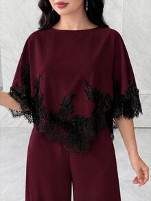 Modelyn Women's Lace Patchwork Top And Pants Casual Daily Outfit - Burgundy - View 6