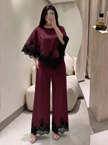 Modelyn Women's Lace Patchwork Top And Pants Casual Daily Outfit - Burgundy - View 1