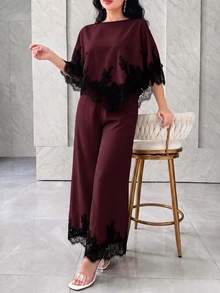 Modelyn Women's Lace Patchwork Top And Pants Casual Daily Outfit - Burgundy - View 5