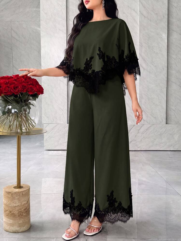 Modelyn Women's Lace Patchwork Asymmetrical Hem Cape Top And Pants Set Party Dinner Sage Green Summer Elegant - Green - View 8