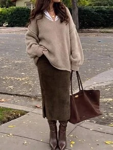 SHEIN LUNE 2PCS Women Solid Color Elastic Waist Skirts Work Office Home Outfits For Women Going Out Dark Brown Beige Autumn/Winter Casual Basic - Multicolor - View 5